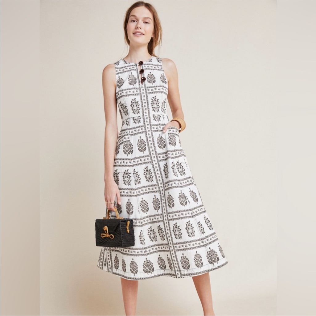 Anthropologie Woodblock Midi Dress Cotton Size 6